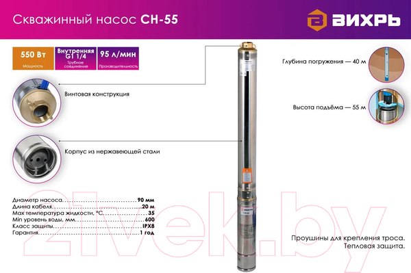 Изображение товара Скважинный насос Вихрь СН-55 (68/3/9)