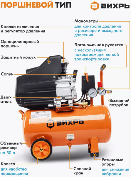 Изображение товара Воздушный компрессор Вихрь КМП-240/50 (74/3/8)