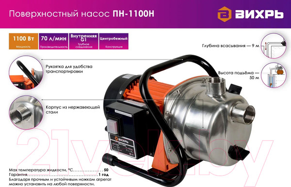 Изображение товара Центробежный насос Вихрь ПН-1100Н (68/4/3)