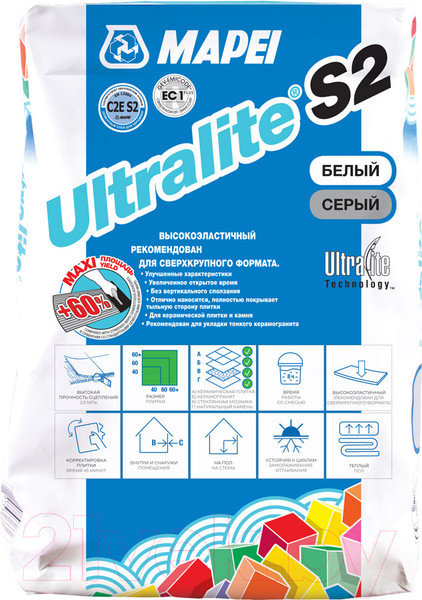 Изображение товара Клей для плитки Mapei Ultralite S2 Bianco (15кг)