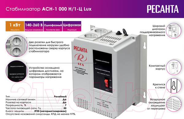 Изображение товара Стабилизатор напряжения Ресанта Lux АСН-1000Н/1-Ц (63/6/14)