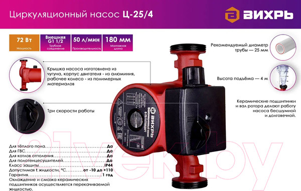 Изображение товара Циркуляционный насос Вихрь Стандарт Ц-25/4 (68/7/6)