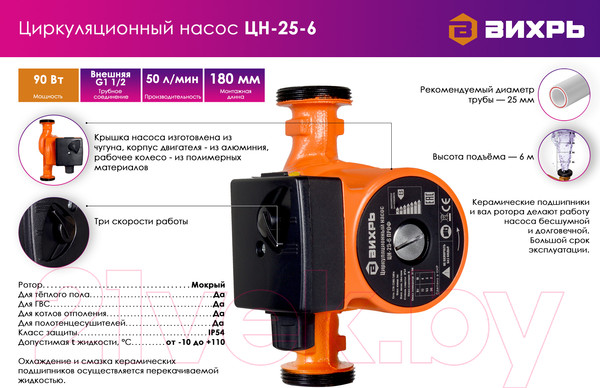 Изображение товара Циркуляционный насос Вихрь Проф ЦН-25-6 (68/7/2)