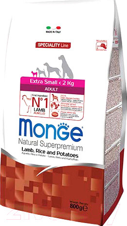Изображение товара Сухой корм для собак Monge Speciality Extra Small Adult Lamb,Rice&Potato (0.8кг)