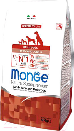 Изображение товара Сухой корм для собак Monge Speciality Puppy&Junior All Breeds Lamb&Rice (800г)