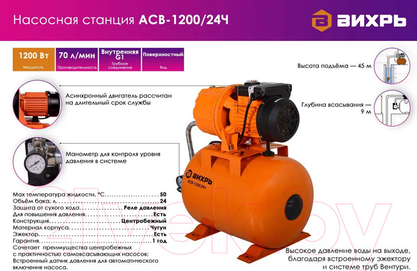 Изображение товара Насосная станция Вихрь АСВ-1200/24Ч (68/1/9)