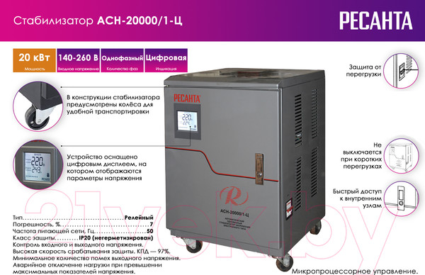 Изображение товара Стабилизатор напряжения Ресанта АСН-20000/1-Ц (63/6/19)