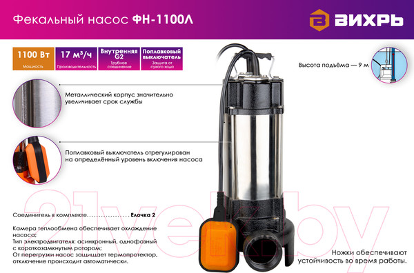 Изображение товара Фекальный насос Вихрь ФН-1100Л (68/5/4)