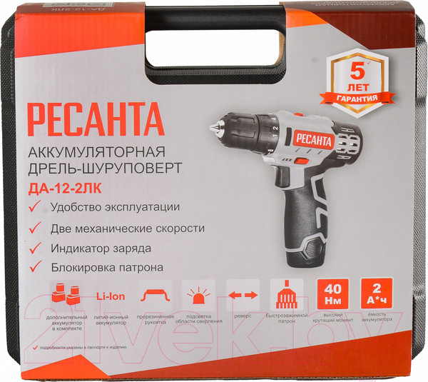 Изображение товара Аккумуляторная дрель-шуруповерт Ресанта ДА-12-2ЛК (75/14/2)