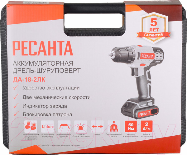 Изображение товара Аккумуляторная дрель-шуруповерт Ресанта ДА-18-2ЛК (75/14/5)