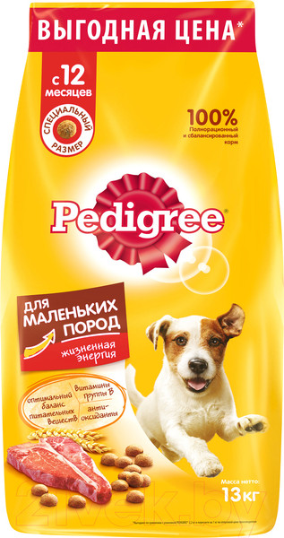 Изображение товара Сухой корм для собак Pedigree Для взрослых собак маленьких пород с говядиной (13кг)