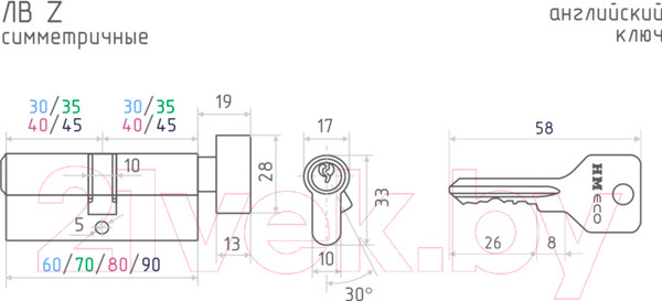 Изображение товара Цилиндровый механизм замка Нора-М Еco Z ЛВ-80 40/40 (хром)