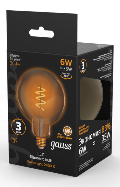 Изображение товара Лампа Gauss Filament G125 6W 360lm 2400К Е27 Golden Flexible / 158802008