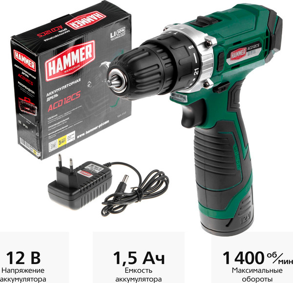 Изображение товара Аккумуляторная дрель-шуруповерт Hammer Flex ACD12CS (645151)