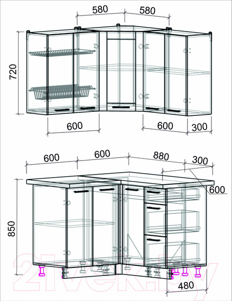 Изображение товара Кухонный гарнитур Интерлиния Мила Пластик 1.2x1.2 (латте/латте/дуб бунратти)