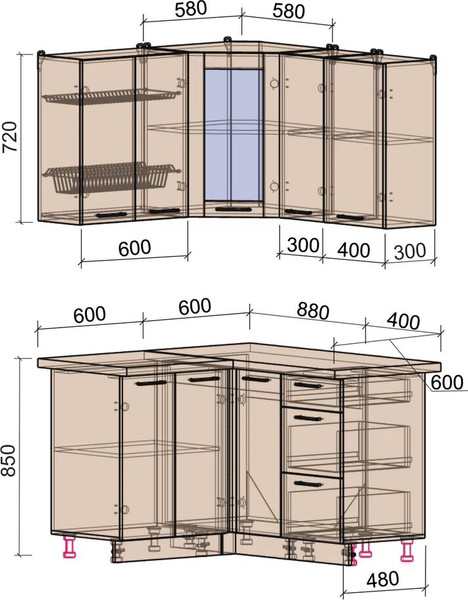 Изображение товара Кухонный гарнитур Интерлиния Мила Пластик 1.2x1.3 (зефирный/зефирный/кастилло темный)