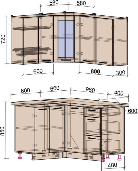 Изображение товара Кухонный гарнитур Интерлиния Мила Пластик 1.2x1.4 (зефирный/зефирный/кастилло темный)