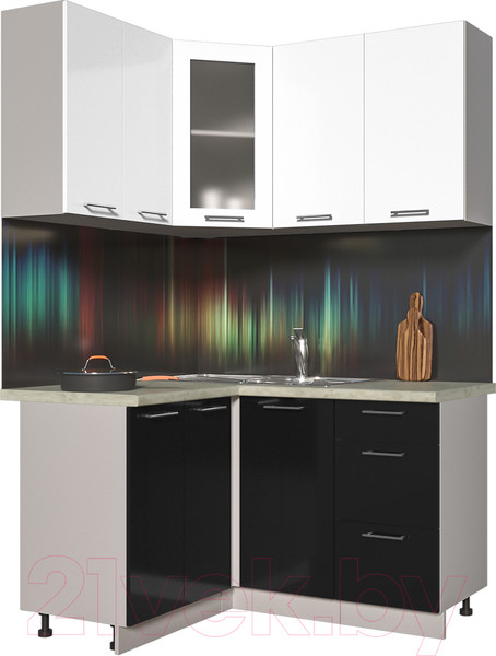 Изображение товара Кухонный гарнитур Интерлиния Мила Пластик 1.2x1.4 (черный глянец/белый глянец/опал светлый)