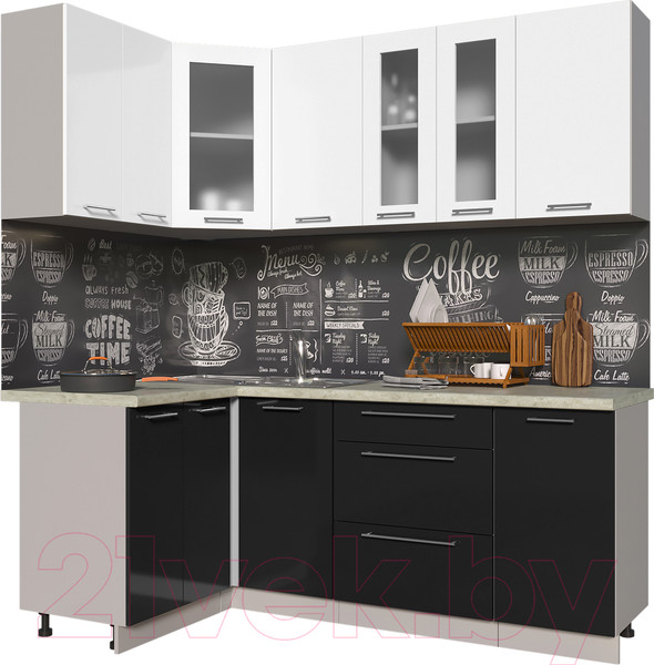 Изображение товара Кухонный гарнитур Интерлиния Мила Пластик 1.2x2.0 (черный глянец/белый глянец/опал светлый)