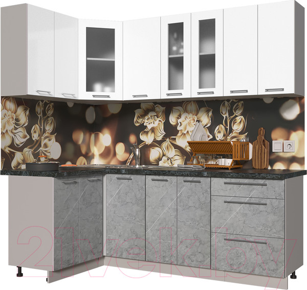 Изображение товара Кухонный гарнитур Интерлиния Мила Пластик 1.2x2.2 (мрамор/белый глянец/кастилло темный)