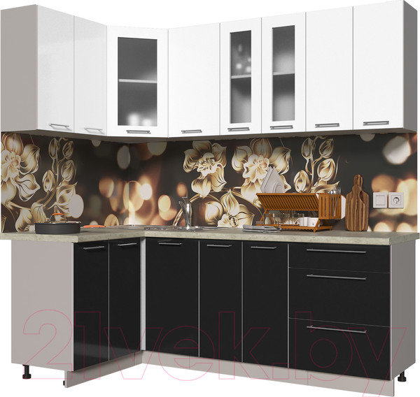 Изображение товара Кухонный гарнитур Интерлиния Мила Пластик 1.2x2.2 (черный глянец/белый глянец/опал светлый)