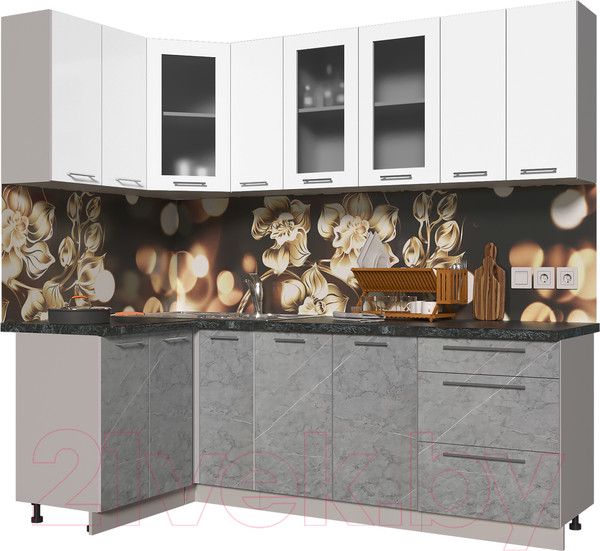 Изображение товара Кухонный гарнитур Интерлиния Мила Пластик 1.2x2.3 (мрамор/белый глянец/кастилло темный)