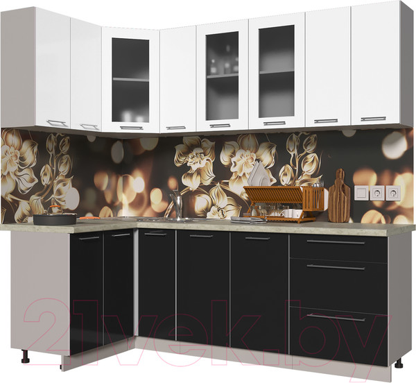 Изображение товара Кухонный гарнитур Интерлиния Мила Пластик 1.2x2.3 (черный глянец/белый глянец/опал светлый)