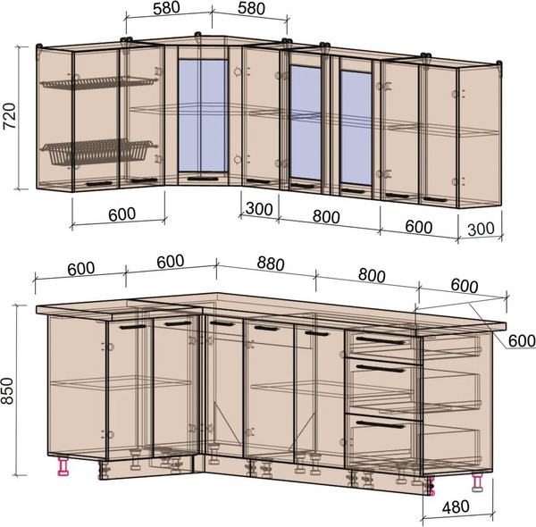 Изображение товара Кухонный гарнитур Интерлиния Мила Пластик 1.2x2.3 (белый глянец/туманный глянец/опал светлый)