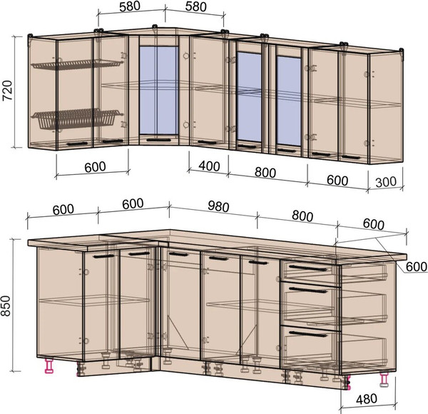 Изображение товара Кухонный гарнитур Интерлиния Мила Пластик 1.2x2.4 (оксид светлый/оксид светлый/серый каспий)