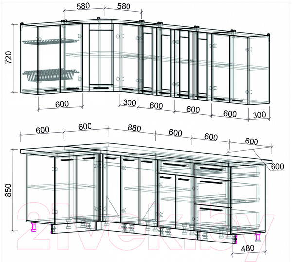 Изображение товара Кухонный гарнитур Интерлиния Мила Пластик 1.2x2.7 (оксид светлый/оксид темный/травертин серый)