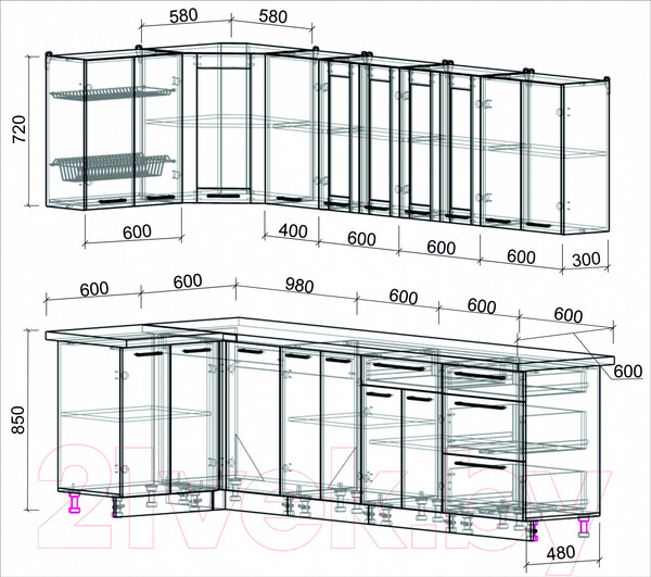 Изображение товара Кухонный гарнитур Интерлиния Мила Пластик 1.2x2.8 (шторм/шторм/белый гранит)