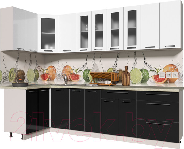 Изображение товара Кухонный гарнитур Интерлиния Мила Пластик 1.2x2.8 (черный глянец/белый глянец/опал светлый)
