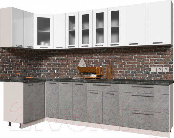 Изображение товара Кухонный гарнитур Интерлиния Мила Пластик 1.2x2.9 (мрамор/белый глянец/кастилло темный)