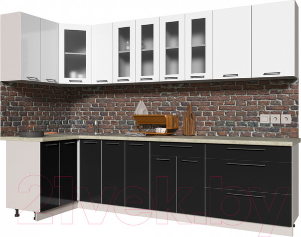 Изображение товара Кухонный гарнитур Интерлиния Мила Пластик 1.2x2.9 (черный глянец/белый глянец/опал светлый)