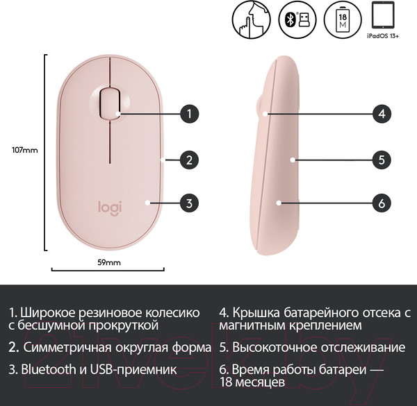 Изображение товара Мышь Logitech Pebble M350 910-005717 / 910-005575 (розовый)