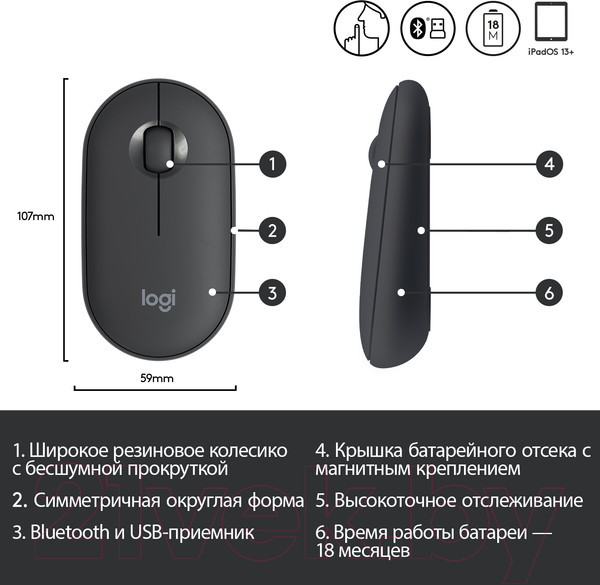 Изображение товара Мышь Logitech Pebble M350 910-005718 / 910-005576 (графит)