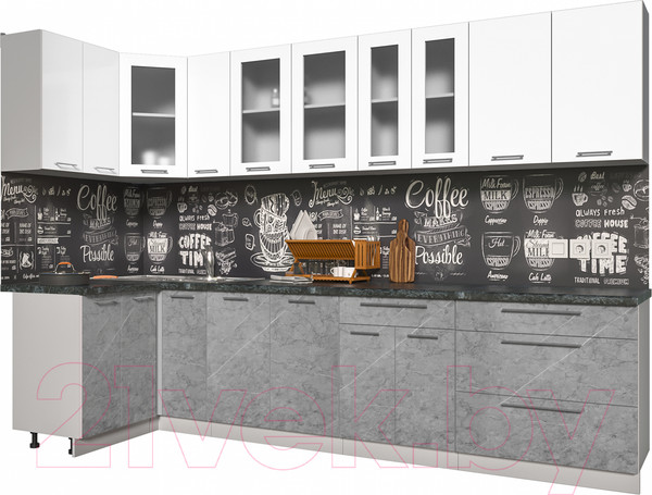 Изображение товара Кухонный гарнитур Интерлиния Мила Пластик 1.2x3.1 (мрамор/белый глянец/кастилло темный)