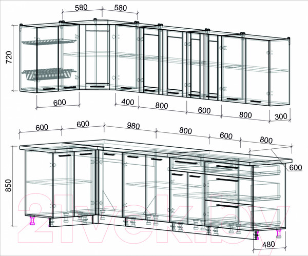 Изображение товара Кухонный гарнитур Интерлиния Мила Пластик 1.2x3.2 (туманный глянец/мрамор/дуб бунратти)