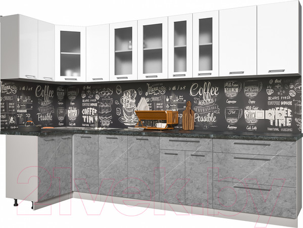 Изображение товара Кухонный гарнитур Интерлиния Мила Пластик 1.2x3.2 (мрамор/белый глянец/кастилло темный)