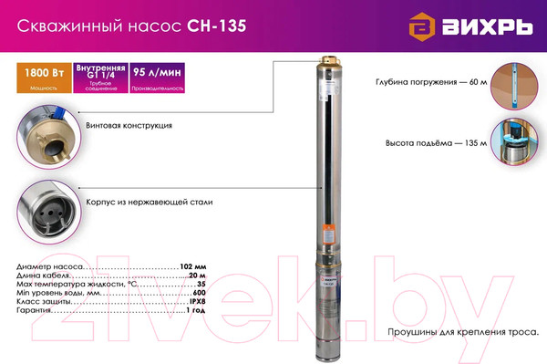 Изображение товара Скважинный насос Вихрь СН-135 (68/3/6)