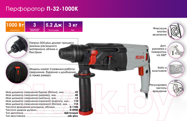 Изображение товара Перфоратор Ресанта П-32-1000К (75/3/3)