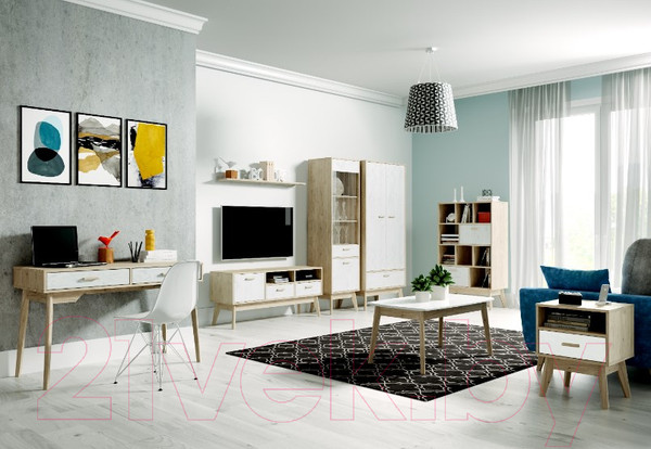 Изображение товара Шкаф-пенал с витриной Мебельград Калгари (айс 06/дуб натуральный светлый)