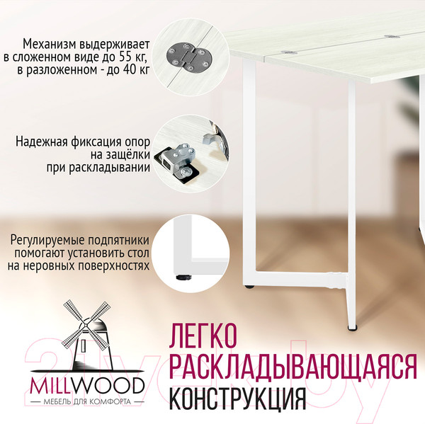 Изображение товара Обеденный стол Millwood Арлен 1 38-76x110x76 (дуб белый Craft/металл белый)
