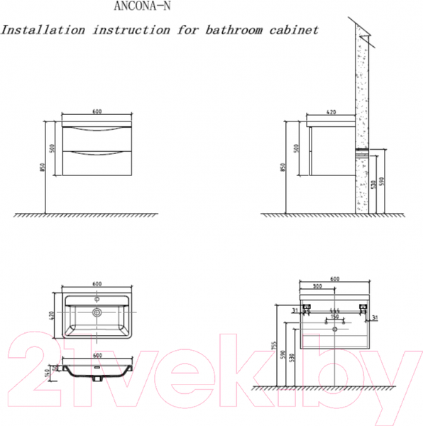 Изображение товара Тумба под умывальник BelBagno Ancona-N-600-2C-SO-BL
