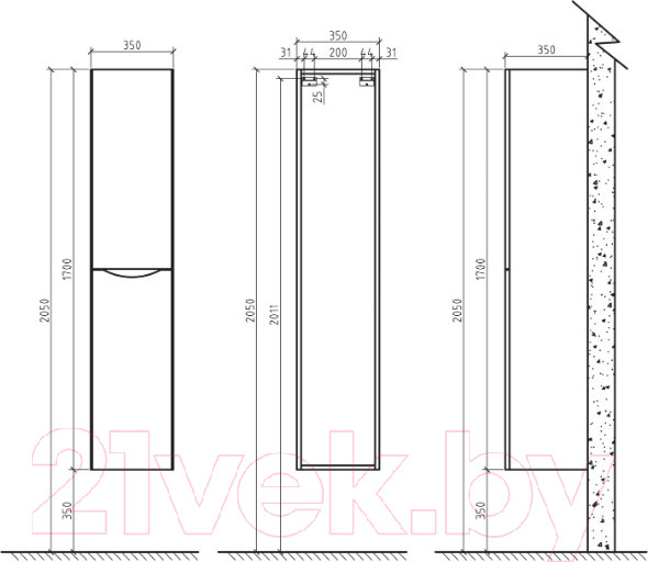 Изображение товара Шкаф-пенал для ванной BelBagno Ancona-N-1700-2A-SC-WO-R