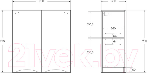 Изображение товара Шкаф для ванной BelBagno Fly-Marino-700-2A-SC-RW-P