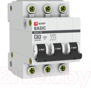 Изображение товара Выключатель автоматический EKF ВА 47-29 3P 63А (С) 4.5кА / mcb4729-3-63C