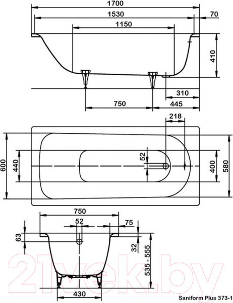 Изображение товара Ванна стальная Kaldewei Saniform Plus 373-1 170x75 (с ножками)