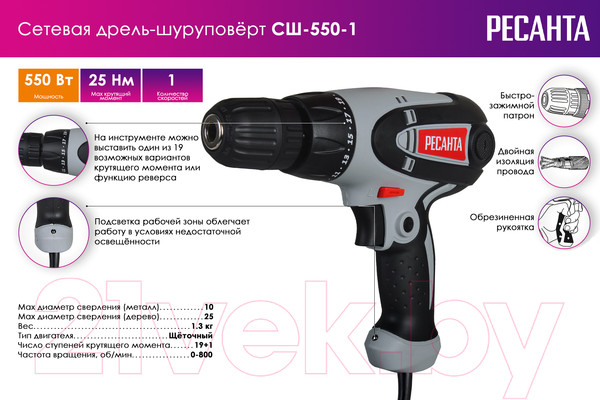 Изображение товара Дрель-шуруповерт Ресанта СШ-550-1 (75/16/2)