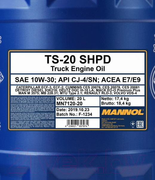 Изображение товара Моторное масло Mannol TS-20 SHPD 10W30 CK-4/SN / MN7120-20 (20л)